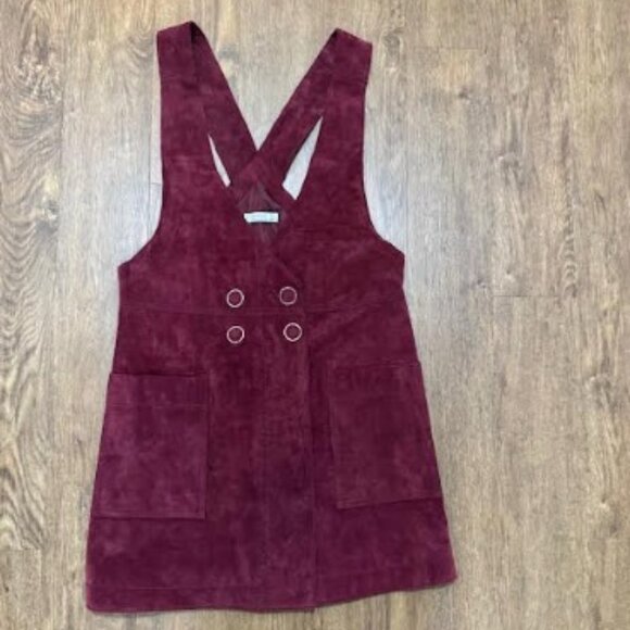 Wine Colored 100% Leather Suede Mango Pinafore Mini Dress - Picture 1 of 15